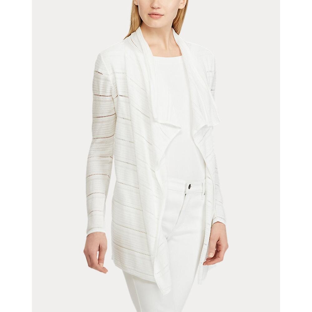 RALPH LAUREN Pointelle Knit Cardigan Sweater White Open Front Waterfall | XL
